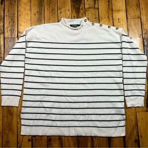 Ralph Lauren Womens L 100% Cashmere Striped Oversized Sweater Gold Button Ivory